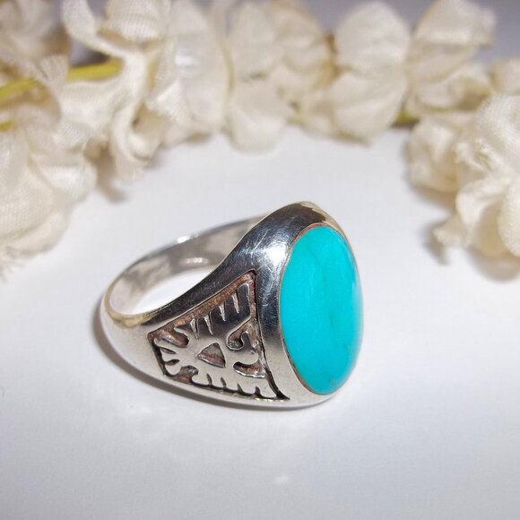 Vintage Turquoise Silver Navajo Ring Phoenix Unisex US Size 8.25 Jewelry D162 - Picture 2 of 6